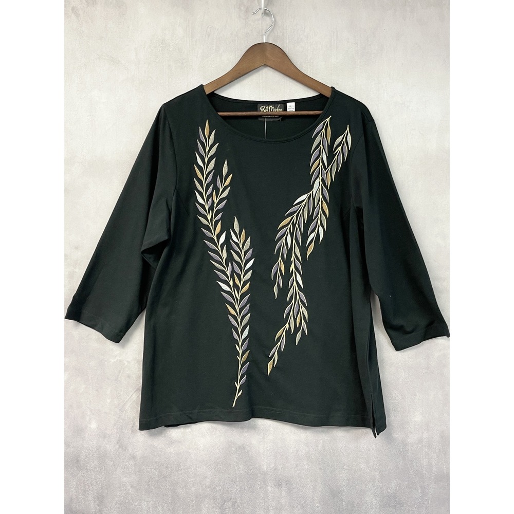 Bob Mackie Womens Wearable Art Top XL Embroidered Botanical Leaf Artsy Statement